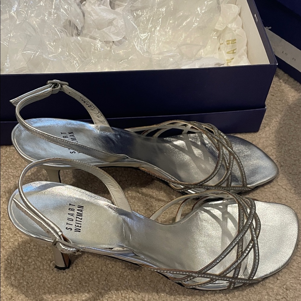 Stuart Weitzman Metallic Silver Strappy Heels
